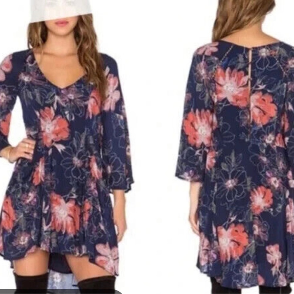 Free People Blue Floral High Low Babydoll Dress with Pockets Size 6